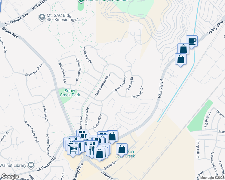 map of restaurants, bars, coffee shops, grocery stores, and more near 21963 Snow Creek Drive in Walnut