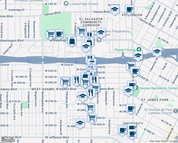 map of restaurants, bars, coffee shops, grocery stores, and more near 2308 South Vermont Avenue in Los Angeles