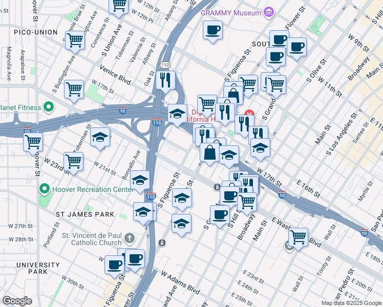 map of restaurants, bars, coffee shops, grocery stores, and more near 1815 Flower Street in Los Angeles