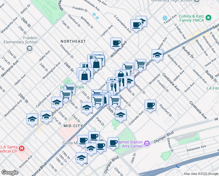 map of restaurants, bars, coffee shops, grocery stores, and more near 1324 Harvard Street in Santa Monica