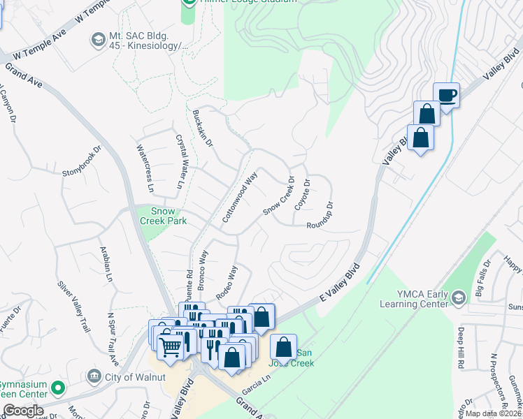 map of restaurants, bars, coffee shops, grocery stores, and more near 21963 Snow Creek Drive in Walnut
