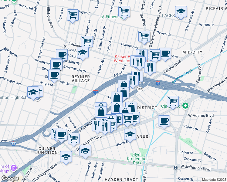 map of restaurants, bars, coffee shops, grocery stores, and more near 8645 Olin Street in Los Angeles