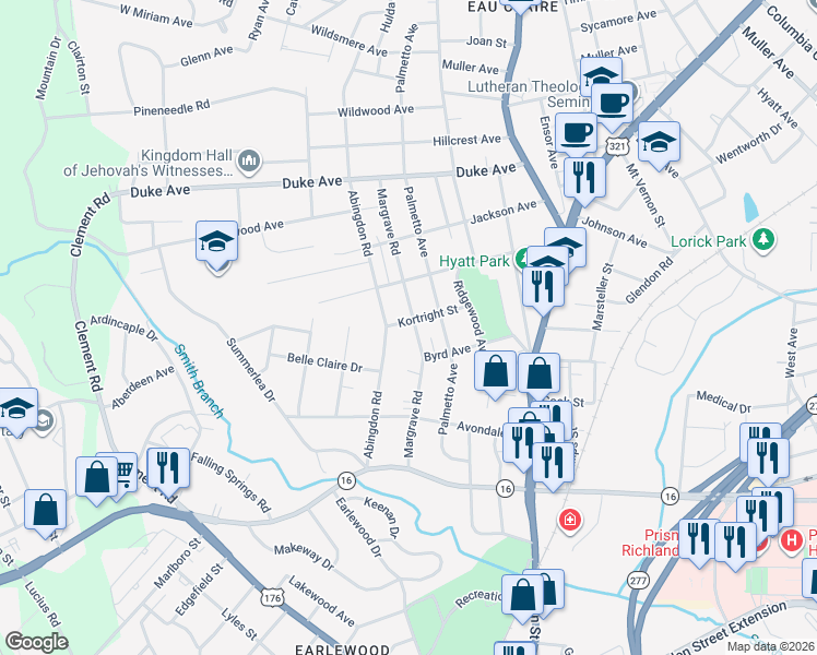 map of restaurants, bars, coffee shops, grocery stores, and more near 3714 Margrave Road in Columbia