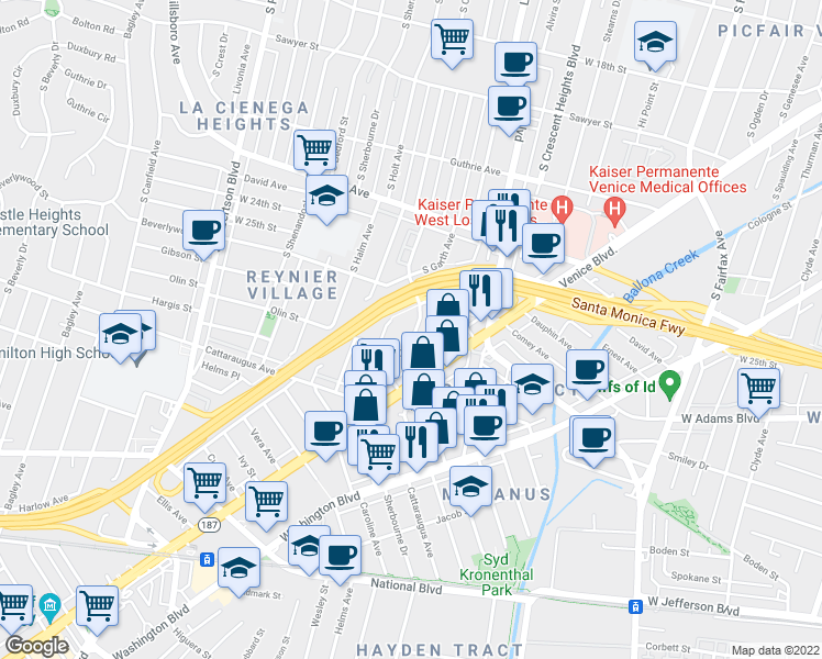 map of restaurants, bars, coffee shops, grocery stores, and more near 2637 South Garth Avenue in Los Angeles
