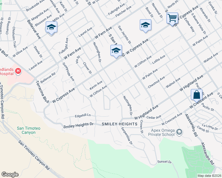 map of restaurants, bars, coffee shops, grocery stores, and more near 709 Brentwood Place in Redlands