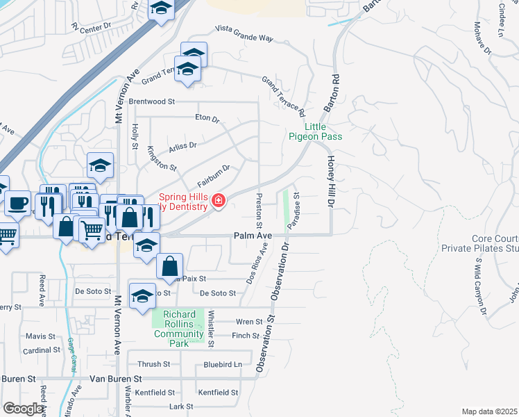 map of restaurants, bars, coffee shops, grocery stores, and more near 12046 Preston Street in Grand Terrace