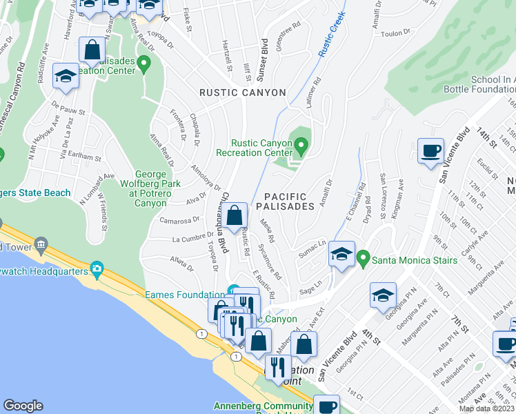 map of restaurants, bars, coffee shops, grocery stores, and more near 546 East Rustic Road in Santa Monica