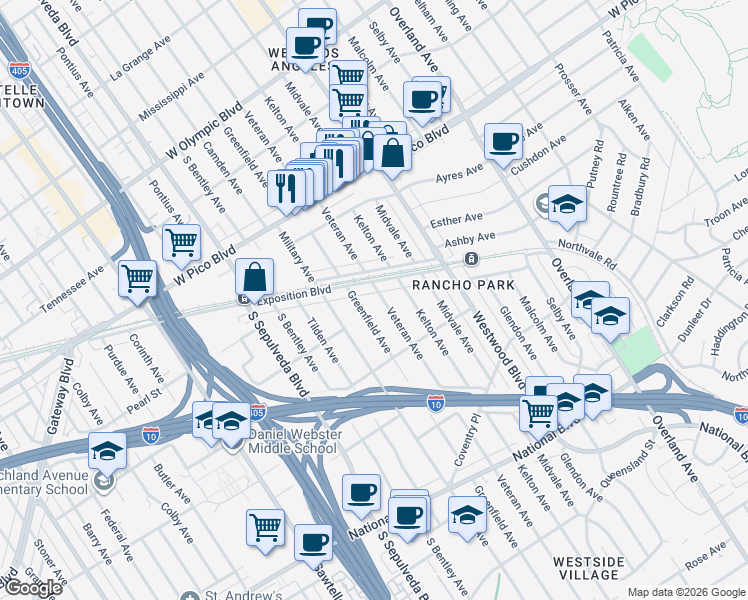 map of restaurants, bars, coffee shops, grocery stores, and more near 2636 Veteran Avenue in Los Angeles