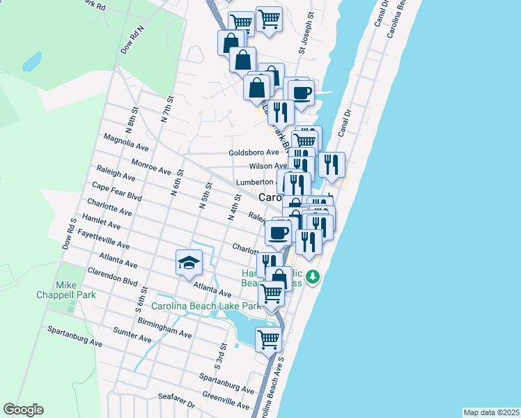 map of restaurants, bars, coffee shops, grocery stores, and more near 105 North Third Street in Carolina Beach