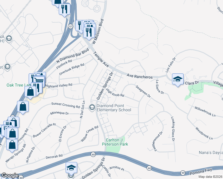 map of restaurants, bars, coffee shops, grocery stores, and more near 24161 High Knob Road in Diamond Bar