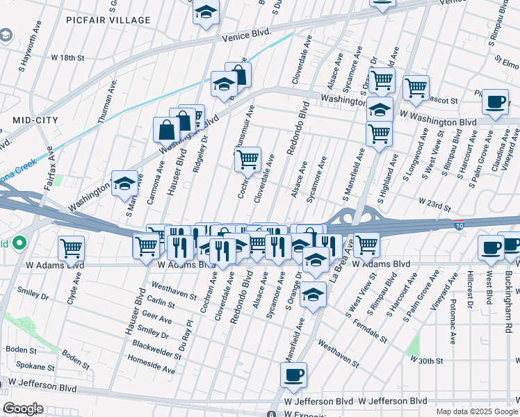 map of restaurants, bars, coffee shops, grocery stores, and more near 2402 South Cloverdale Avenue in Los Angeles