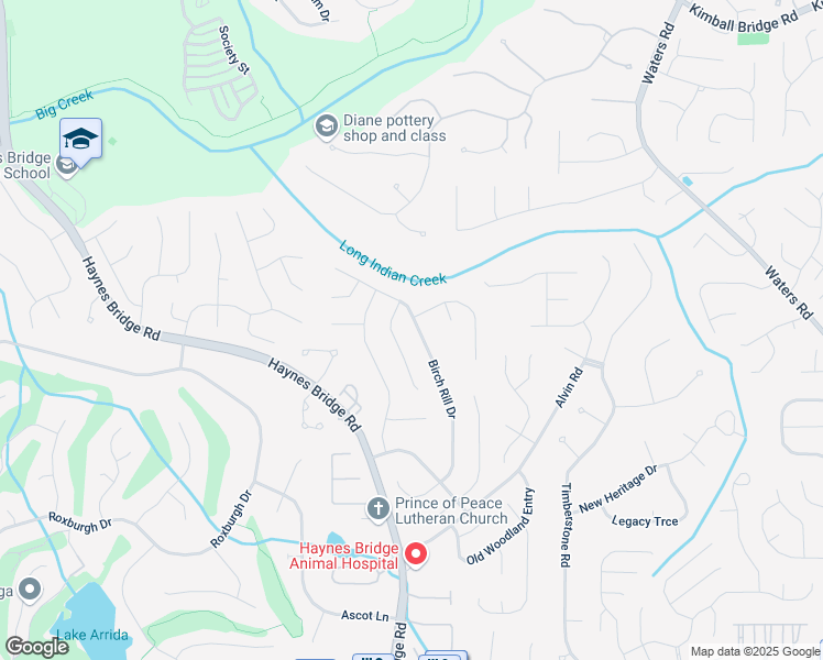 map of restaurants, bars, coffee shops, grocery stores, and more near 129 Birch Rill Drive in Alpharetta