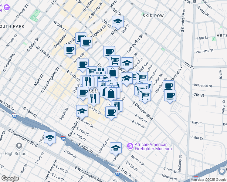 map of restaurants, bars, coffee shops, grocery stores, and more near 929 Towne Avenue in Los Angeles