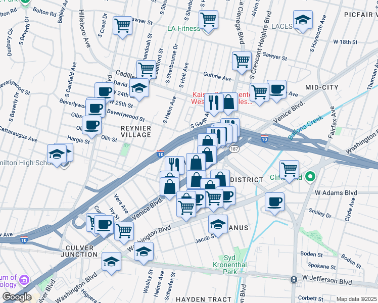 map of restaurants, bars, coffee shops, grocery stores, and more near 2637 South Garth Avenue in Los Angeles