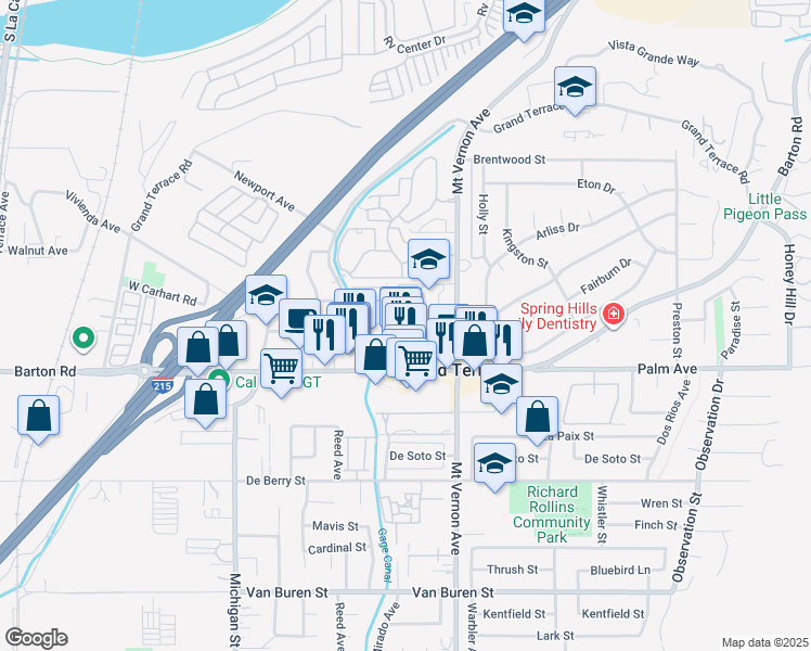 map of restaurants, bars, coffee shops, grocery stores, and more near 22431 Terrace Pines Drive in Grand Terrace