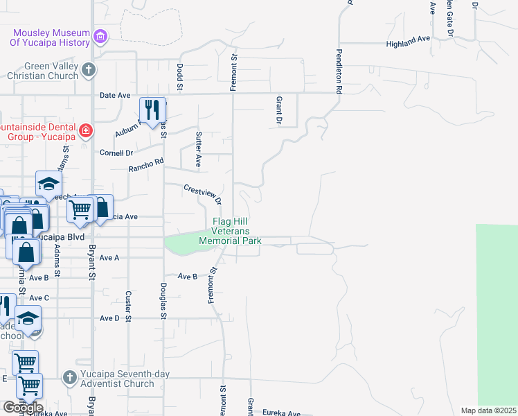 map of restaurants, bars, coffee shops, grocery stores, and more near 11945 Pendleton Road in Yucaipa
