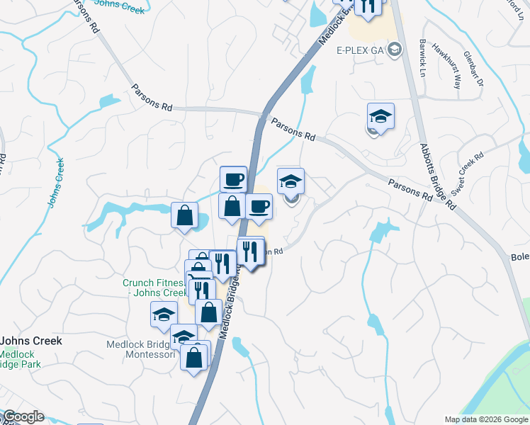 map of restaurants, bars, coffee shops, grocery stores, and more near 10475 Medlock Bridge Road in Johns Creek
