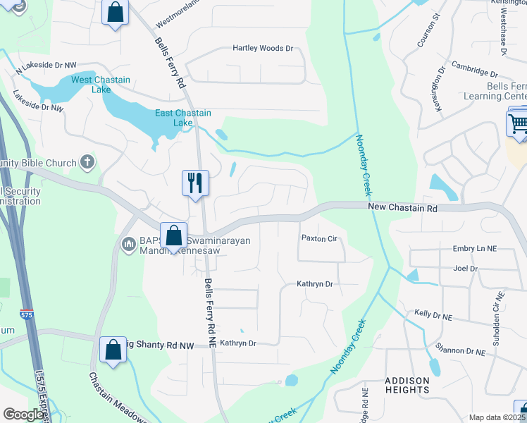 map of restaurants, bars, coffee shops, grocery stores, and more near 3419 Chastain Trce Northeast in Marietta