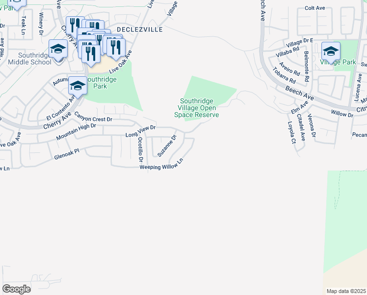 map of restaurants, bars, coffee shops, grocery stores, and more near 11967 Maple Leaf Lane in Fontana