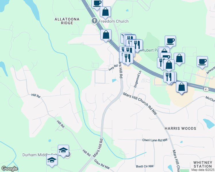 map of restaurants, bars, coffee shops, grocery stores, and more near 5095 Derry Road in Acworth