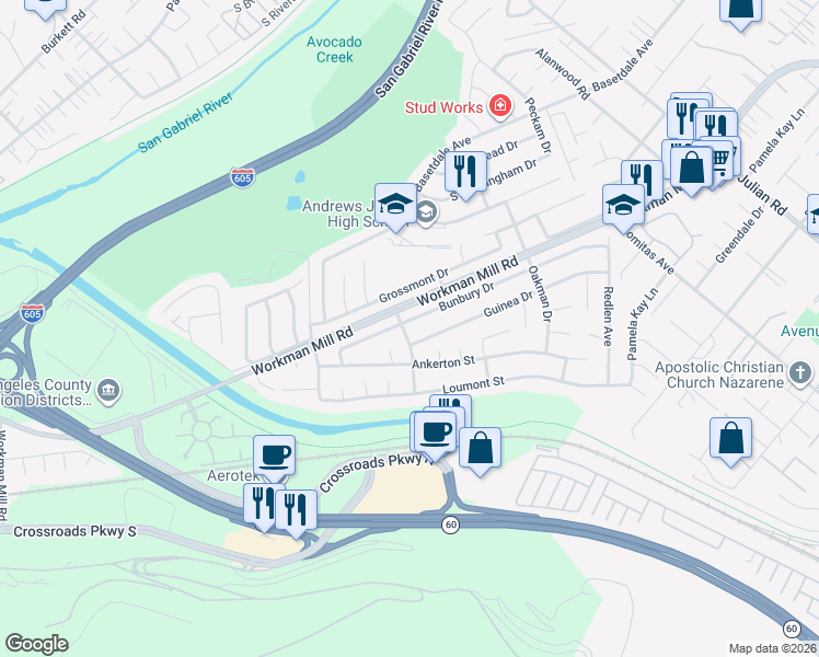 map of restaurants, bars, coffee shops, grocery stores, and more near 1225 Guinea Drive in Whittier