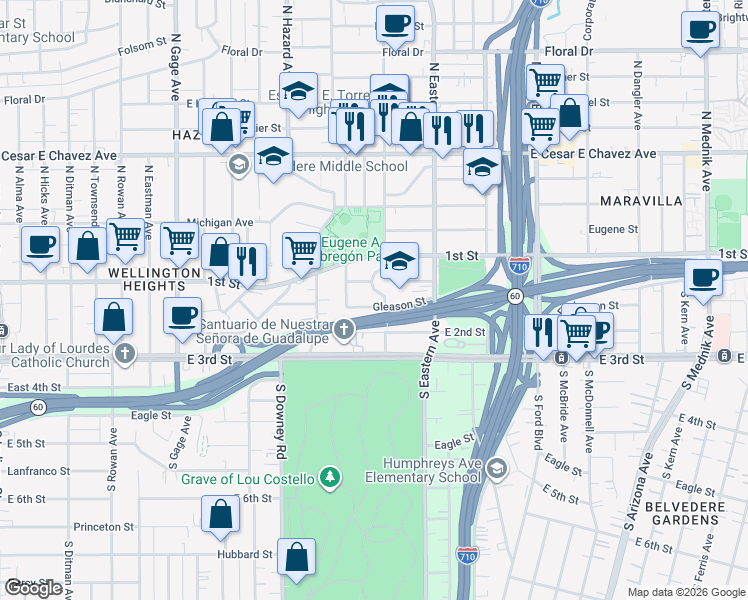 map of restaurants, bars, coffee shops, grocery stores, and more near 4135 Gleason Street in Los Angeles
