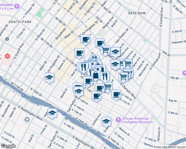 map of restaurants, bars, coffee shops, grocery stores, and more near 1001 Crocker Street in Los Angeles