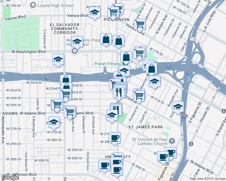 map of restaurants, bars, coffee shops, grocery stores, and more near 2313 Hoover Street in Los Angeles