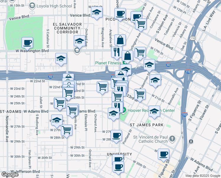 map of restaurants, bars, coffee shops, grocery stores, and more near 1258 West 23rd Street in Los Angeles