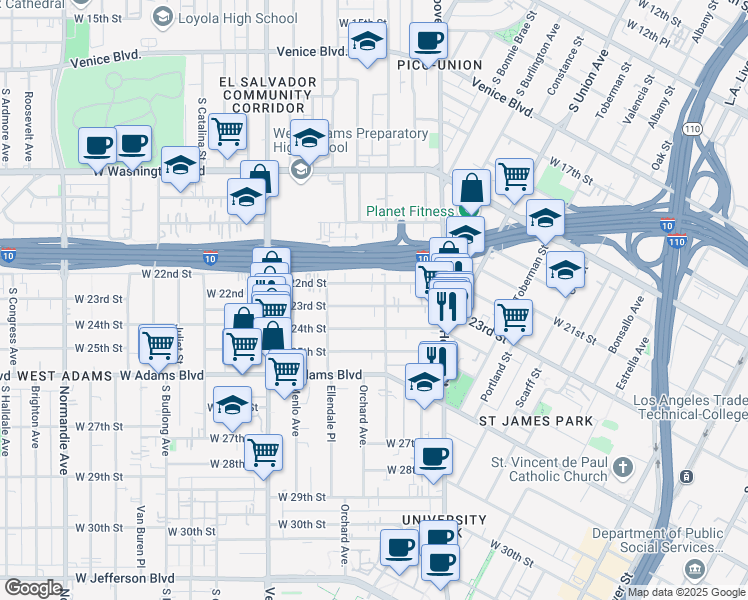 map of restaurants, bars, coffee shops, grocery stores, and more near 1314 West 23rd Street in Los Angeles