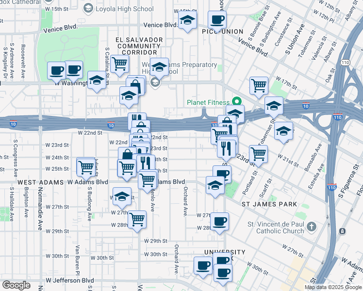 map of restaurants, bars, coffee shops, grocery stores, and more near 1378 West 23rd Street in Los Angeles