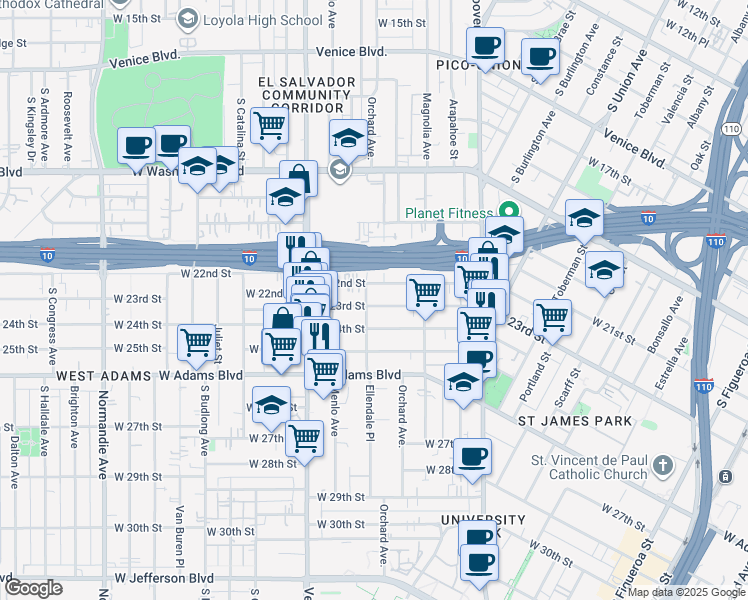 map of restaurants, bars, coffee shops, grocery stores, and more near 1378 West 23rd Street in Los Angeles