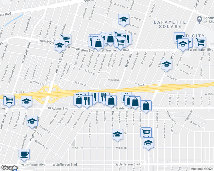 map of restaurants, bars, coffee shops, grocery stores, and more near 2335 Hillcrest Drive in Los Angeles
