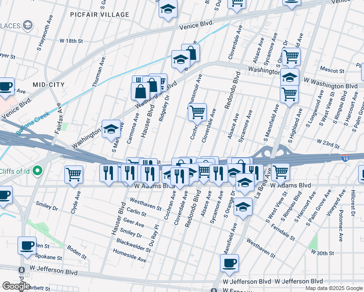 map of restaurants, bars, coffee shops, grocery stores, and more near 2421 Cochran Avenue in Los Angeles