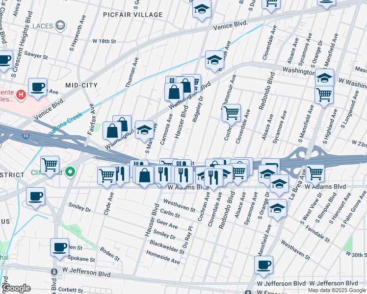 map of restaurants, bars, coffee shops, grocery stores, and more near 2404 1/4 Ridgeley Drive in Los Angeles