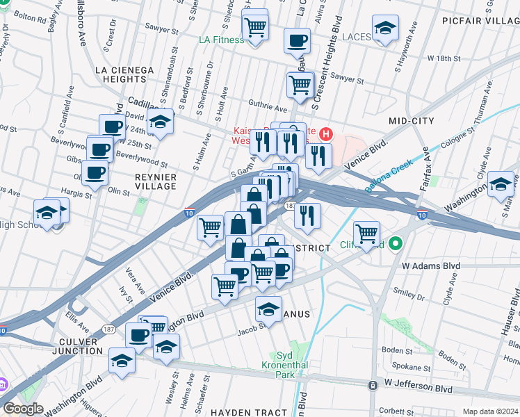 map of restaurants, bars, coffee shops, grocery stores, and more near in Los Angeles