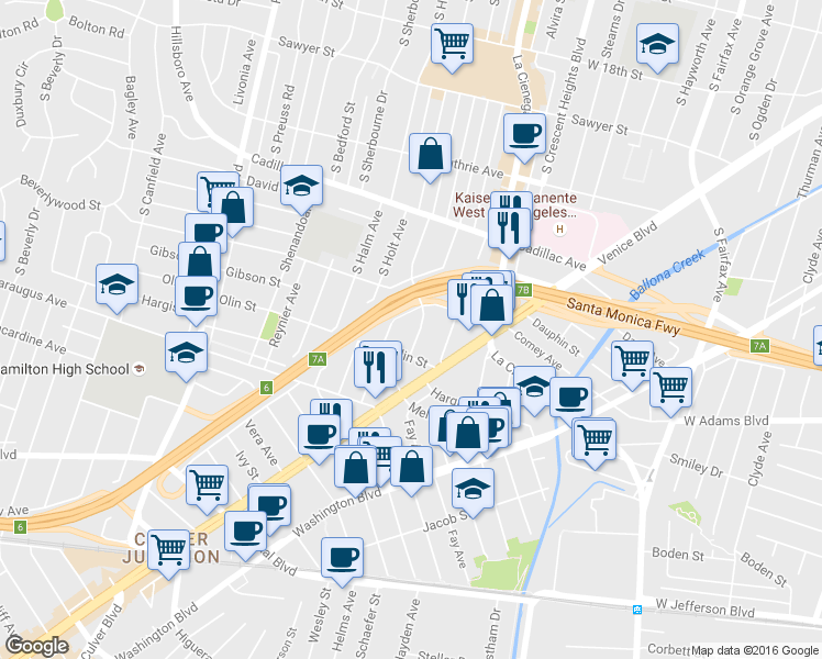 map of restaurants, bars, coffee shops, grocery stores, and more near 8645 Olin Street in Los Angeles