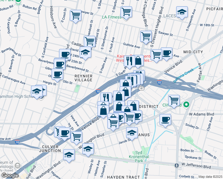 map of restaurants, bars, coffee shops, grocery stores, and more near 8645 Olin Street in Los Angeles