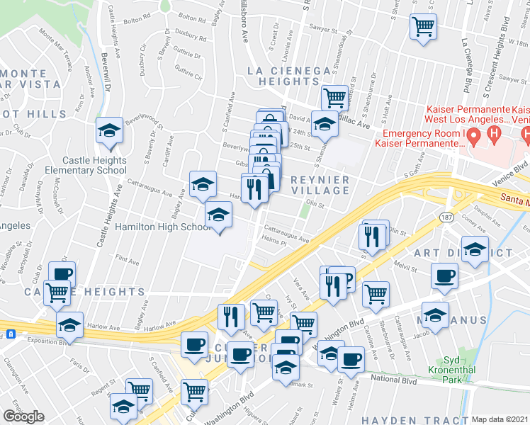 map of restaurants, bars, coffee shops, grocery stores, and more near 2868 South Robertson Boulevard in Los Angeles