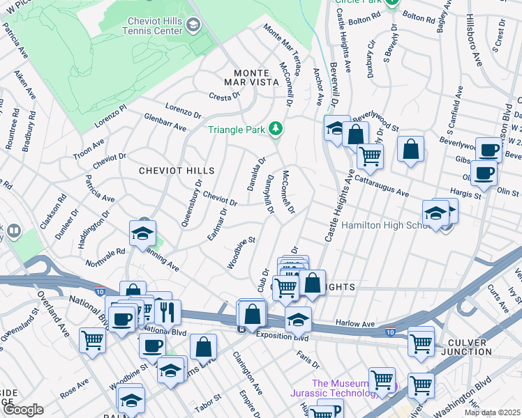 map of restaurants, bars, coffee shops, grocery stores, and more near 3125 Dannyhill Drive in Los Angeles