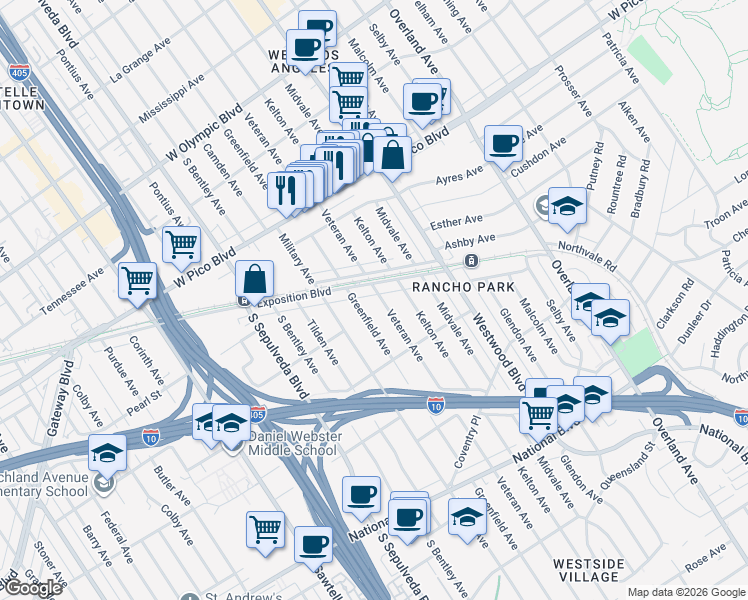 map of restaurants, bars, coffee shops, grocery stores, and more near 2636 Veteran Avenue in Los Angeles