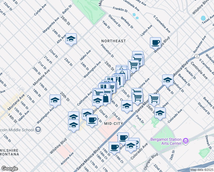 map of restaurants, bars, coffee shops, grocery stores, and more near 1133 24th Street in Santa Monica