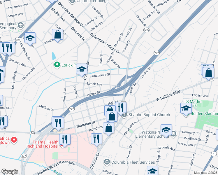 map of restaurants, bars, coffee shops, grocery stores, and more near 2321 Willow Street in Columbia