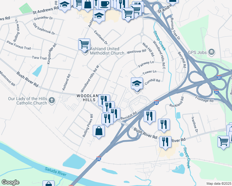 map of restaurants, bars, coffee shops, grocery stores, and more near 101 Butternut Lane in Columbia