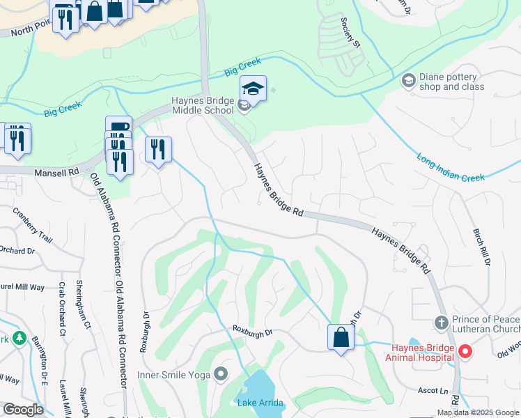 map of restaurants, bars, coffee shops, grocery stores, and more near 10570 Haynes Valley Court in Alpharetta