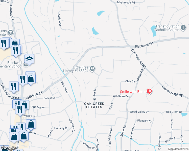 map of restaurants, bars, coffee shops, grocery stores, and more near 3611 Autumn Leaves Lane in Marietta