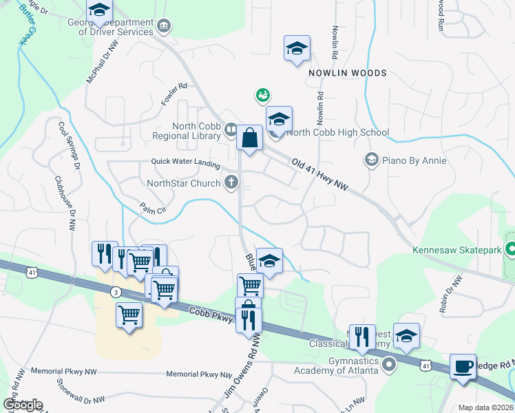 map of restaurants, bars, coffee shops, grocery stores, and more near 2980 Albright Commons in Kennesaw
