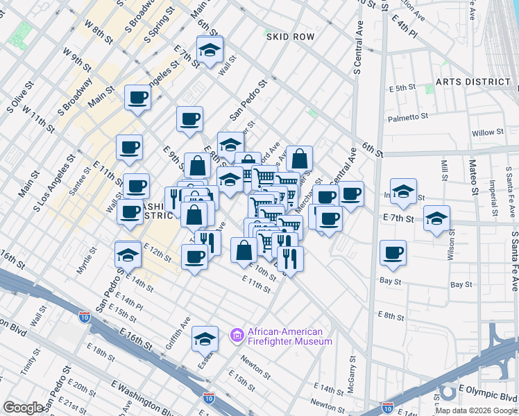 map of restaurants, bars, coffee shops, grocery stores, and more near 1008 East 8th Street in Los Angeles