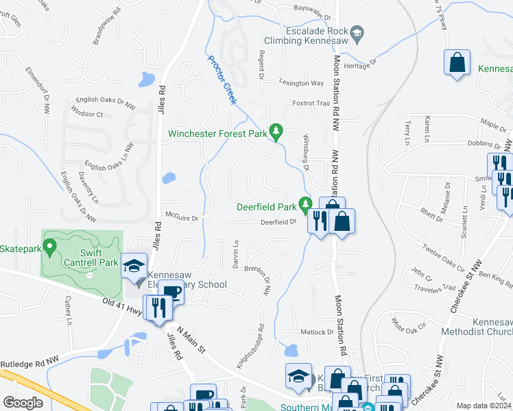 map of restaurants, bars, coffee shops, grocery stores, and more near 5561 Deerfield Place in Kennesaw