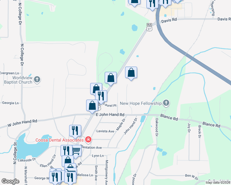 map of restaurants, bars, coffee shops, grocery stores, and more near 214 Greenbriar Drive in Cedartown